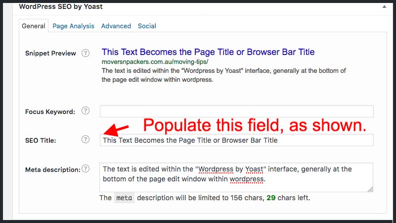 populating the browser page title text field within wordpress, using yoast