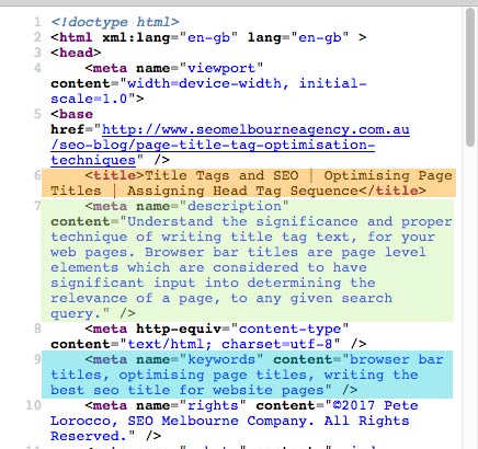 color coded image indicating the correct title and meta sequence of head code for SEO