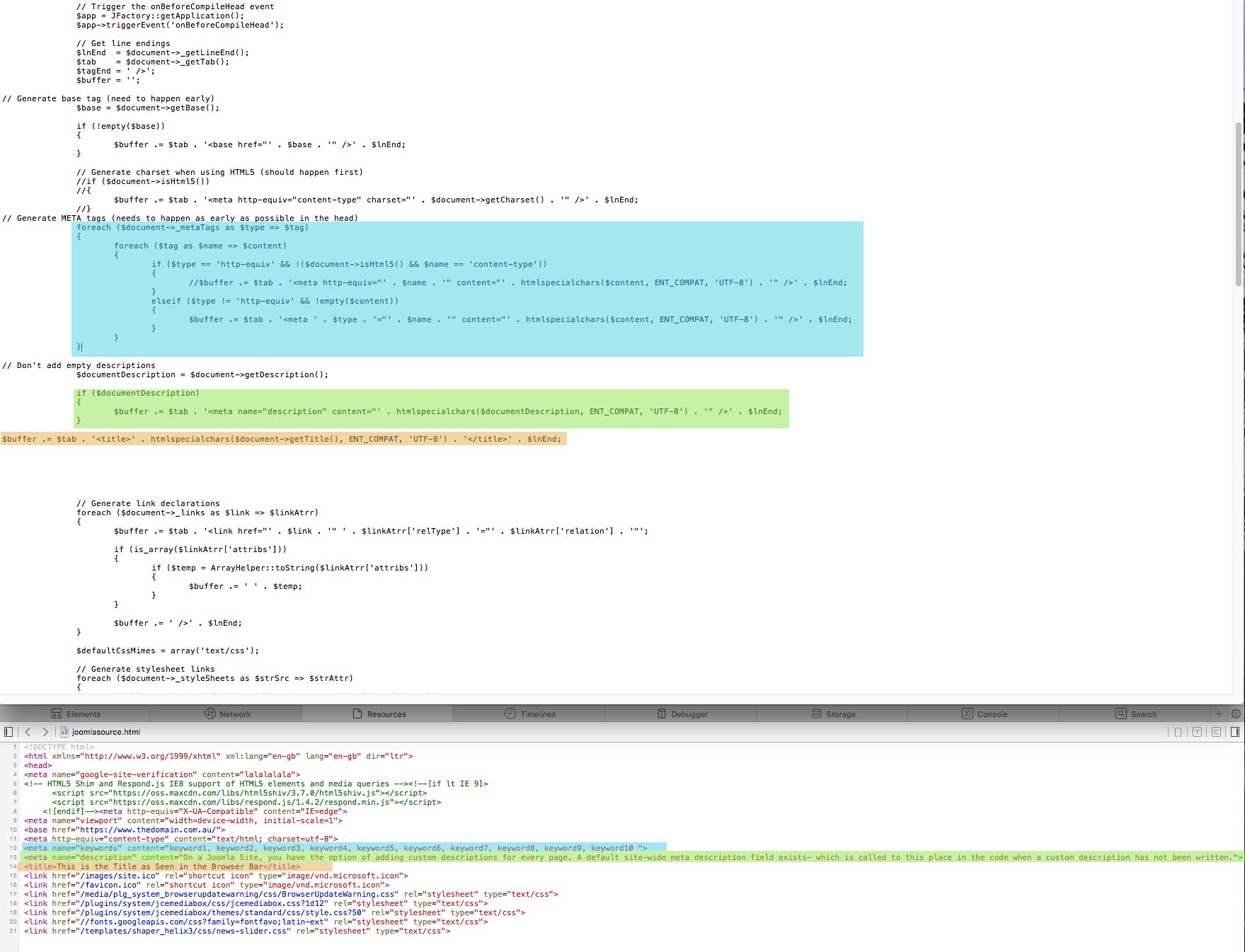 color coded image describing the code which outputs meta tags, browser title and keywords of  dynamic cms website page