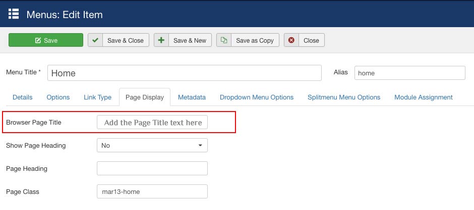 editing the SEO title of a joomla page