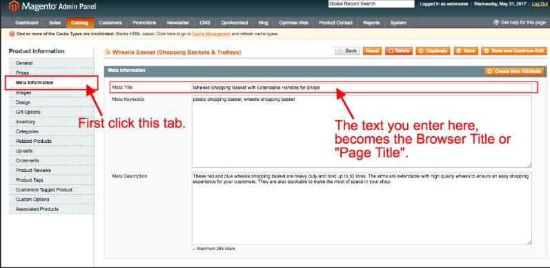 assigning text for the browser bar page title, to a product within Magento