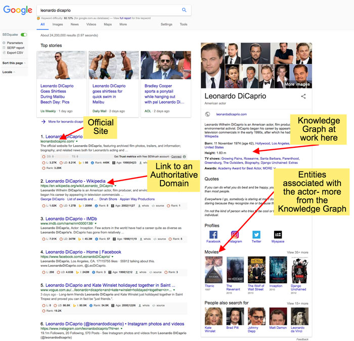 entities associated with a searched subject appear as part of the knowledge graph
